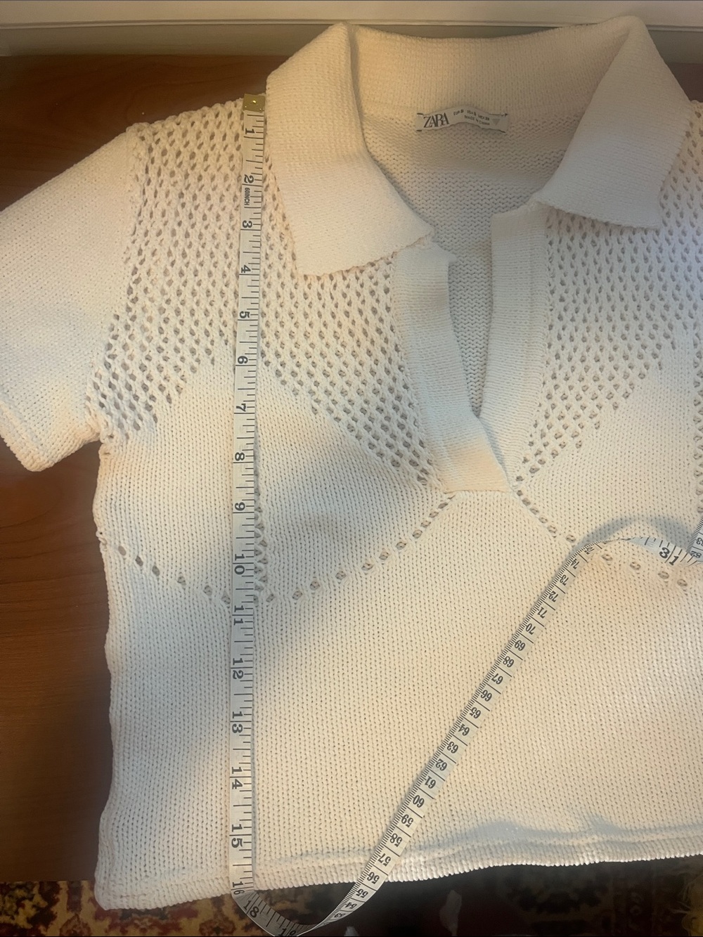 Zara White Open-Knit Polo Short Sleeve Top - Picture 9 of 10